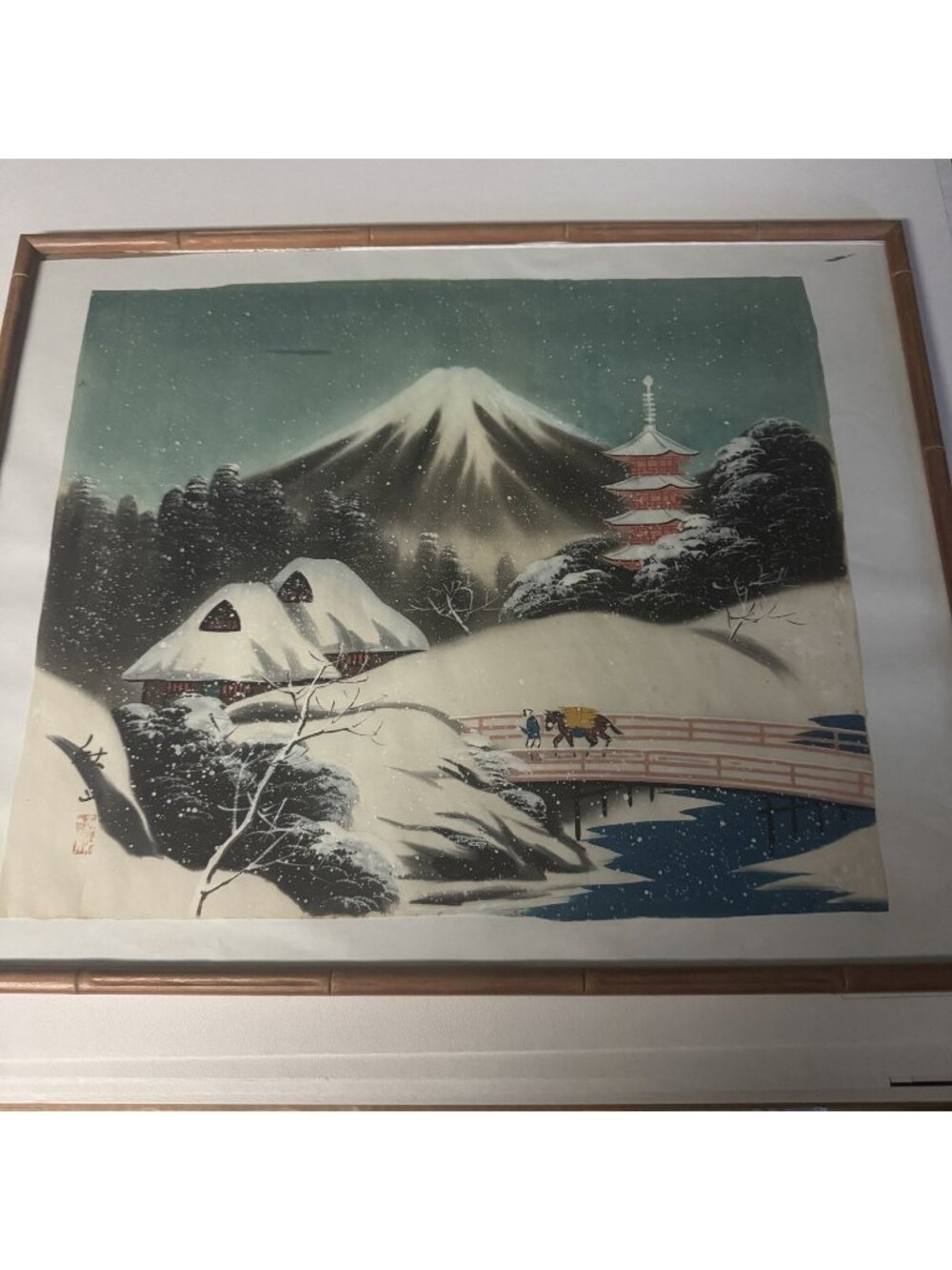 MCM SILK PRINT WOODBLOCK ART SIGNED ORIGINAL MT FUJI PAGODA BAMBOO FRAME VTG